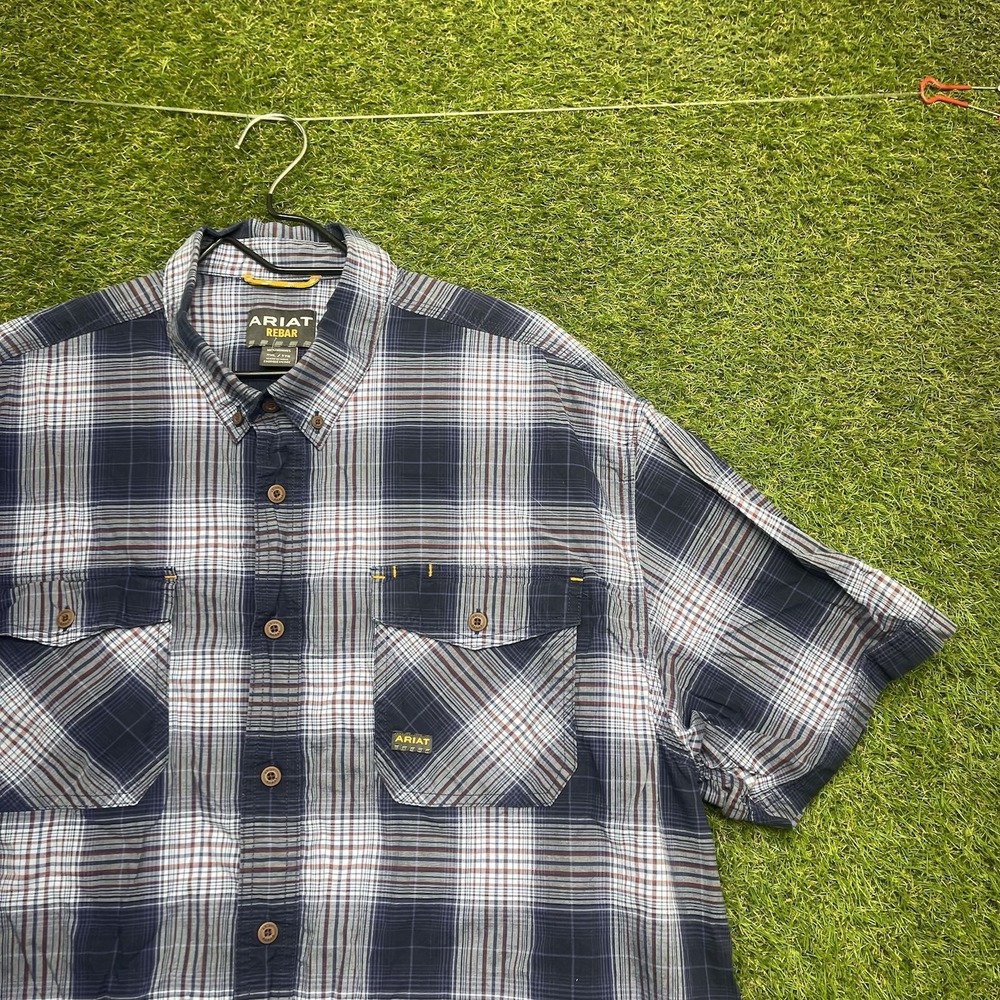 Ariat Rebar Work Shirt Mens 2XL Blue Plaid Short Sleeve Button Down Cotton Blend